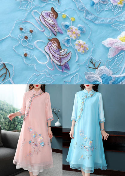 Elegant Blue Mandarin Collar Embroideried Chiffon A Line Dresses Bracelet Sleeve FR2030