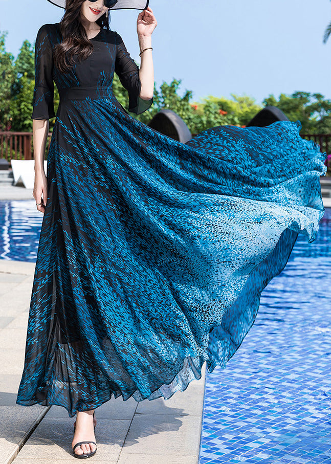 Elegant Blue O-Neck Print Party Chiffon Long Dress Half Sleeve LY1776