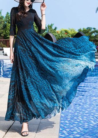 Elegant Blue O-Neck Print Party Chiffon Long Dress Half Sleeve LY1776