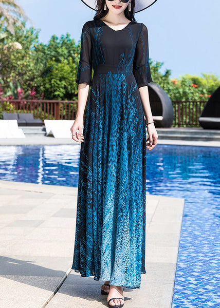 Elegant Blue O-Neck Print Party Chiffon Long Dress Half Sleeve LY1776