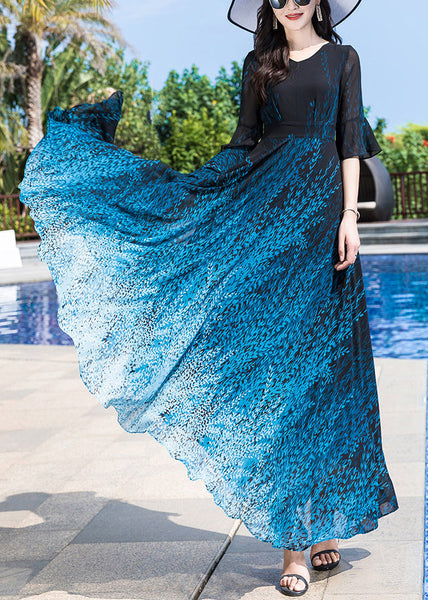 Elegant Blue O-Neck Print Party Chiffon Long Dress Half Sleeve LY1776