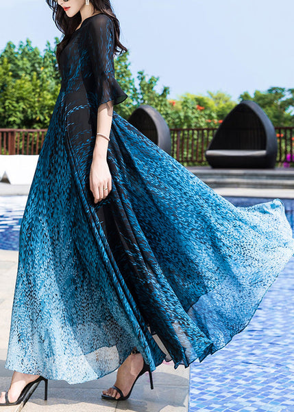 Elegant Blue O-Neck Print Party Chiffon Long Dress Half Sleeve LY1776