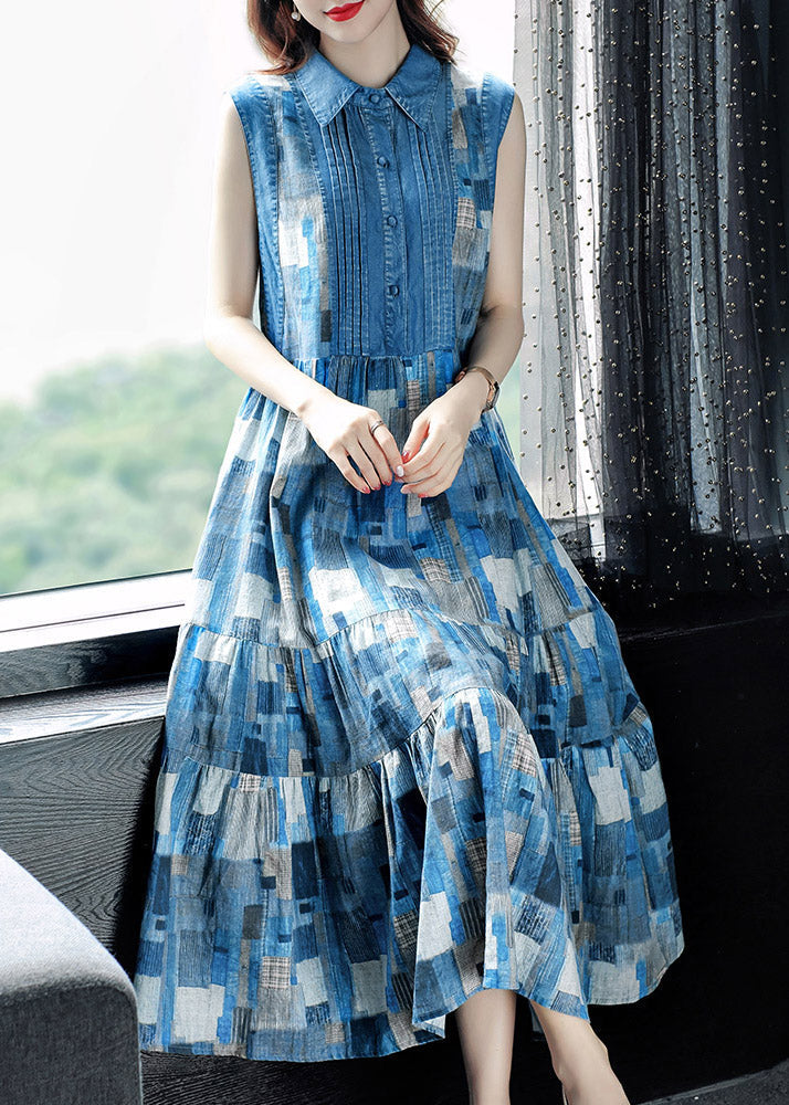 Elegant Blue Peter Pan Collar Plaid Wrinkled Maxi Dresses Summer AC2035