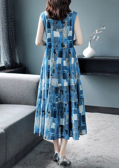 Elegant Blue Peter Pan Collar Plaid Wrinkled Maxi Dresses Summer AC2035