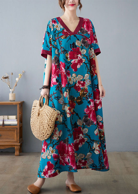 Elegant Blue V Neck Patchwork Print Cotton Dresses Short Sleeve LY0916