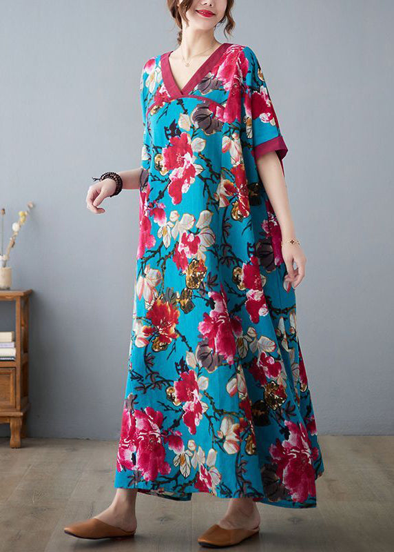 Elegant Blue V Neck Patchwork Print Cotton Dresses Short Sleeve LY0916