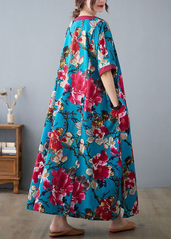 Elegant Blue V Neck Patchwork Print Cotton Dresses Short Sleeve LY0916