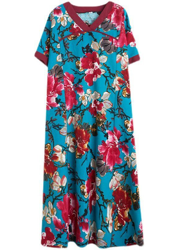 Elegant Blue V Neck Patchwork Print Cotton Dresses Short Sleeve LY0916