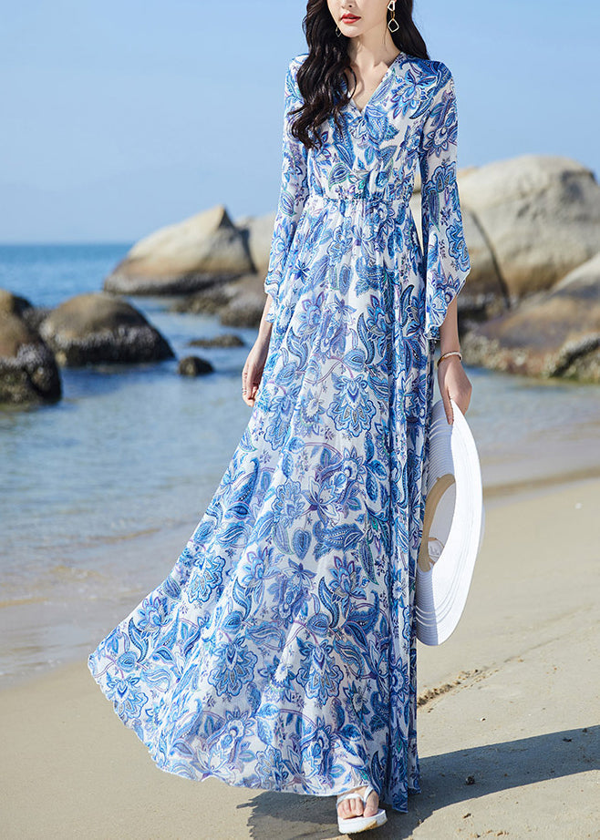 Elegant Blue V Neck Print Elastic Waist Chiffon Vacation Maxi Dresses Flare Sleeve LY1697