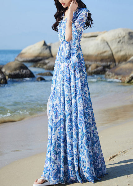 Elegant Blue V Neck Print Elastic Waist Chiffon Vacation Maxi Dresses Flare Sleeve LY1697