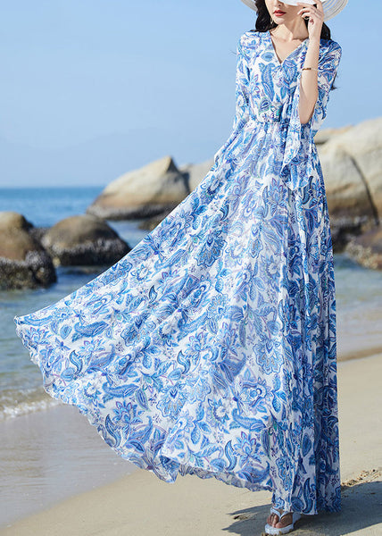 Elegant Blue V Neck Print Elastic Waist Chiffon Vacation Maxi Dresses Flare Sleeve LY1697