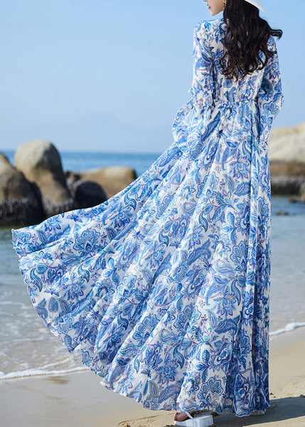 Elegant Blue V Neck Print Elastic Waist Chiffon Vacation Maxi Dresses Flare Sleeve LY1697