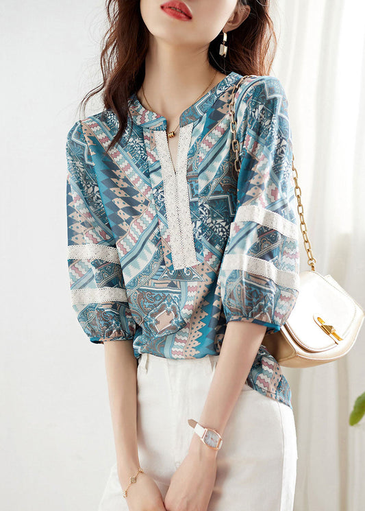 Elegant Blue V Neck Print Lace Patchwork Chiffon Shirt Top Summer TQ1018