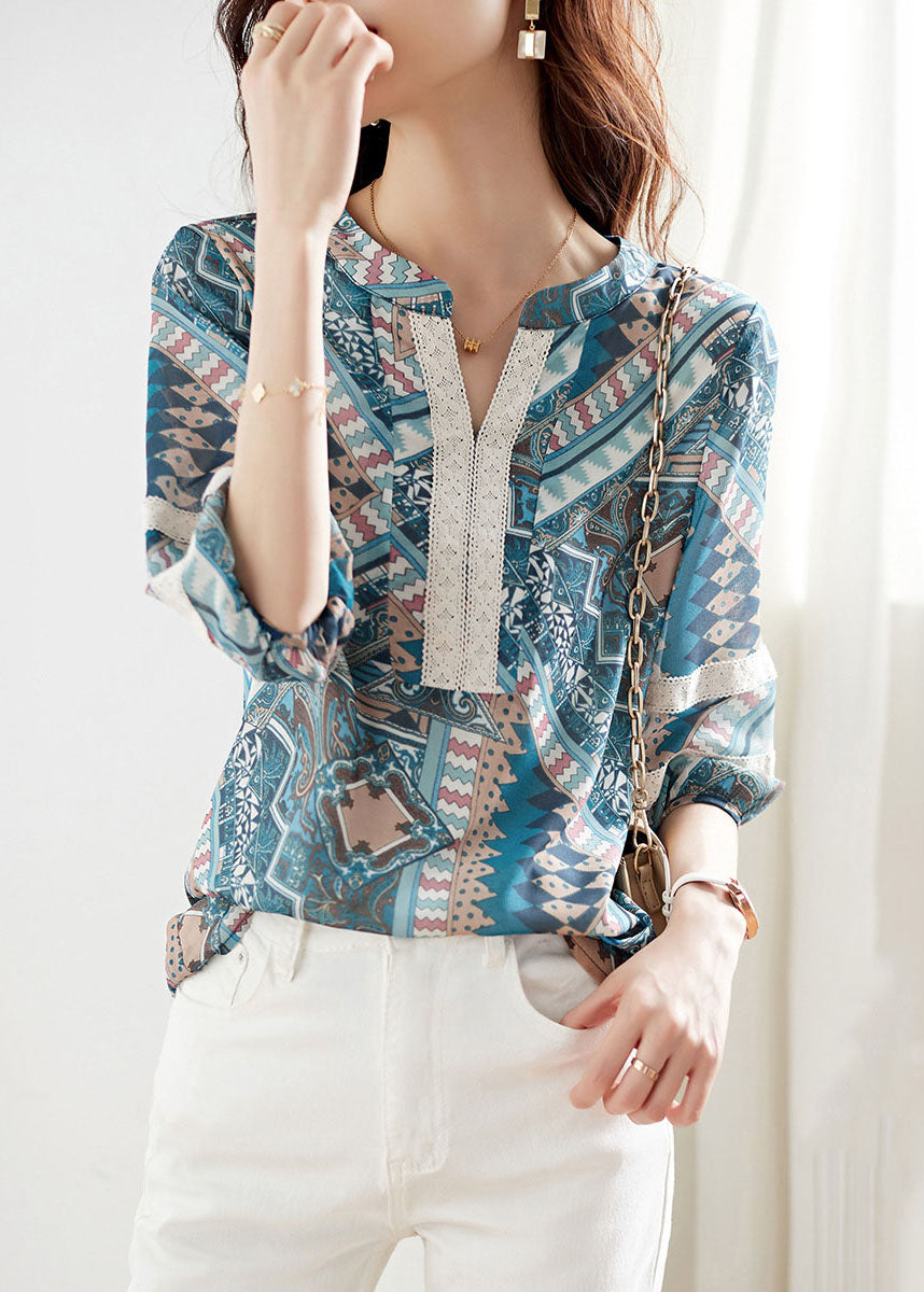 Elegant Blue V Neck Print Lace Patchwork Chiffon Shirt Top Summer TQ1018