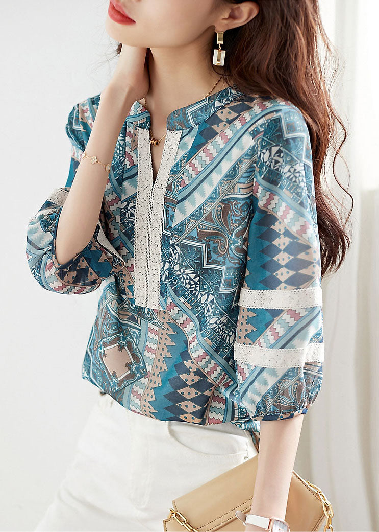 Elegant Blue V Neck Print Lace Patchwork Chiffon Shirt Top Summer TQ1018