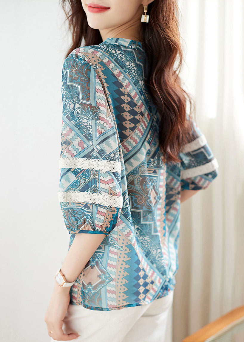 Elegant Blue V Neck Print Lace Patchwork Chiffon Shirt Top Summer TQ1018