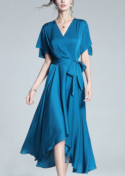 Elegant Blue V Neck Tie Waist Solid Silk Long Dresses Summer LY1032