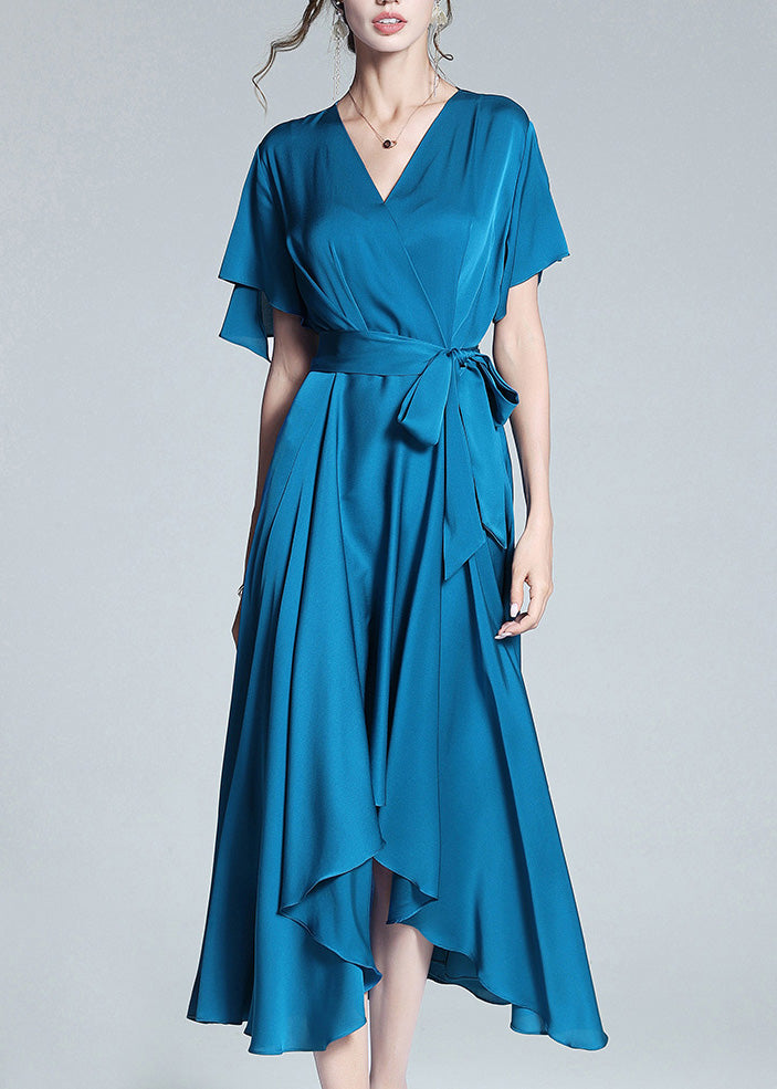 Elegant Blue V Neck Tie Waist Solid Silk Long Dresses Summer LY1032