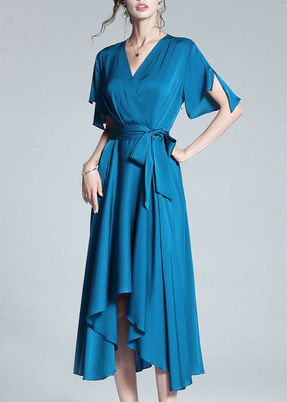 Elegant Blue V Neck Tie Waist Solid Silk Long Dresses Summer LY1032