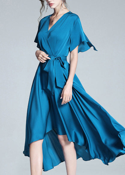 Elegant Blue V Neck Tie Waist Solid Silk Long Dresses Summer LY1032