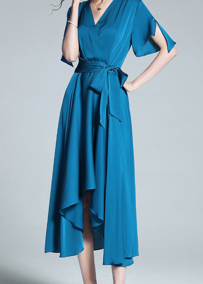 Elegant Blue V Neck Tie Waist Solid Silk Long Dresses Summer LY1032