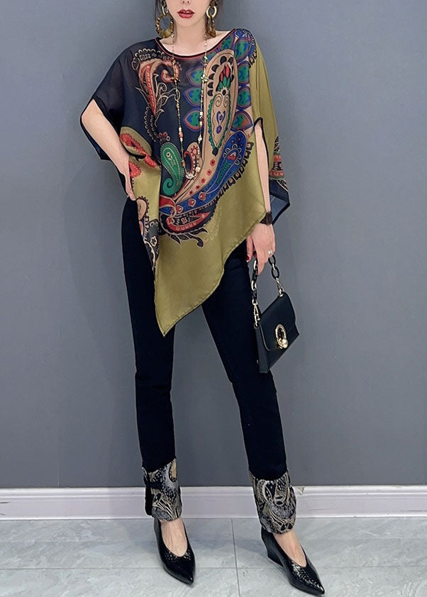 Elegant Colorblock Asymmetrical Print Chiffon Top Batwing Sleeve LC0338