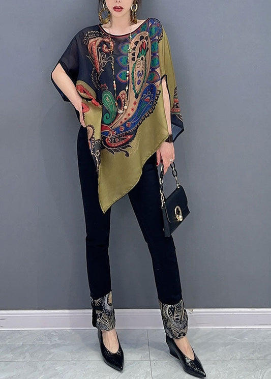 Elegant Colorblock Asymmetrical Print Chiffon Top Batwing Sleeve LC0338