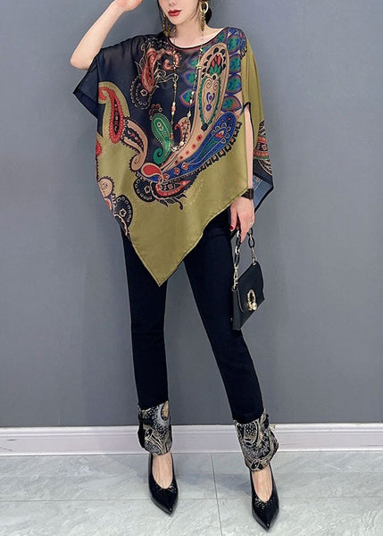 Elegant Colorblock Asymmetrical Print Chiffon Top Batwing Sleeve LC0338