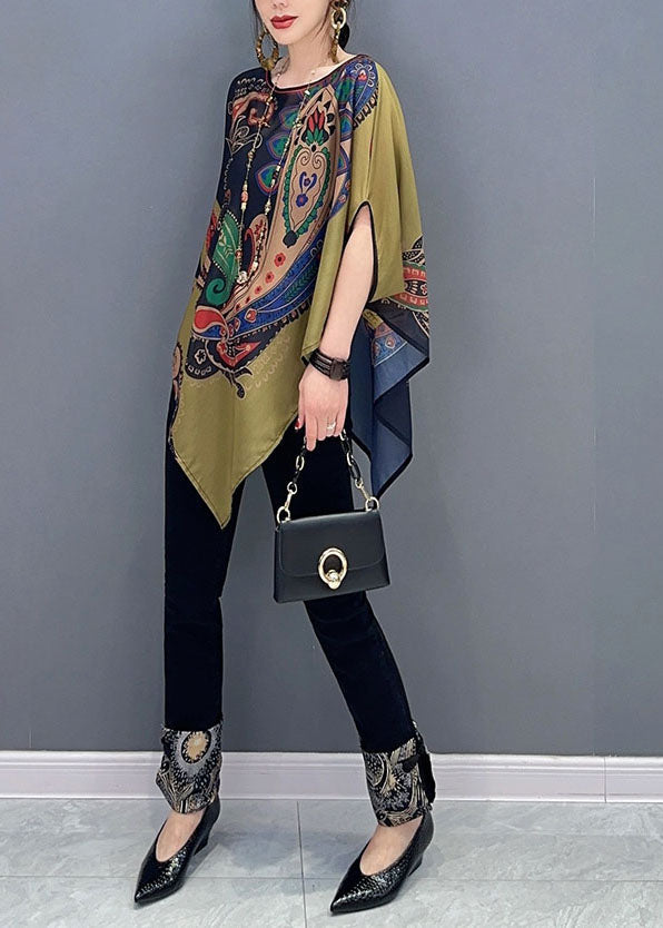 Elegant Colorblock Asymmetrical Print Chiffon Top Batwing Sleeve LC0338