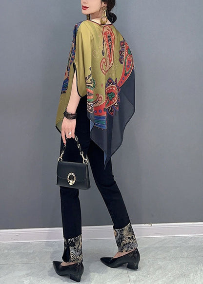 Elegant Colorblock Asymmetrical Print Chiffon Top Batwing Sleeve LC0338