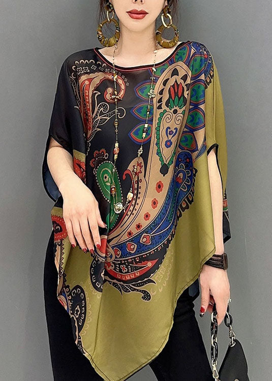 Elegant Colorblock Asymmetrical Print Chiffon Top Batwing Sleeve LC0338