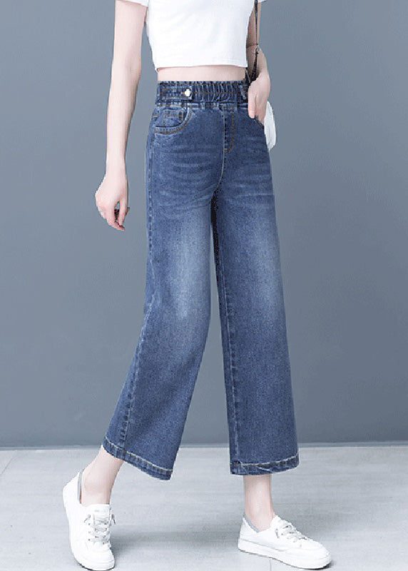 Elegant Denim Blue Patchwork Elastic Waist Crop Wide Leg Pants TY1065