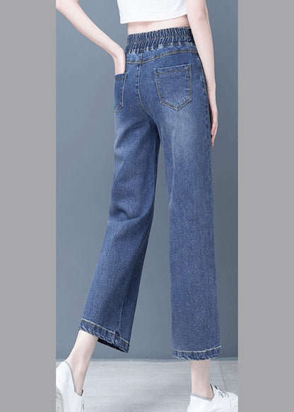 Elegant Denim Blue Patchwork Elastic Waist Crop Wide Leg Pants TY1065