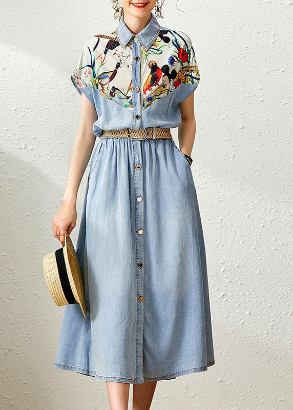 Elegant Denim Blue Peter Pan Collar Patchwork Print Cinched Dresses Summer FR2023