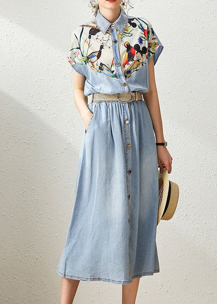 Robes élégantes en denim bleu à col Claudine, imprimé patchwork et ceinture cintrée, collection été FR2023
