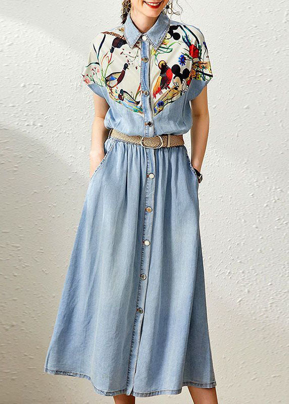 Elegant Denim Blue Peter Pan Collar Patchwork Print Cinched Dresses Summer FR2023