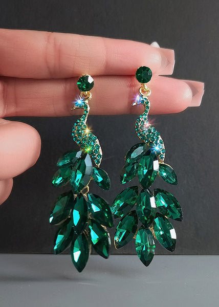 Elegant Green Crystal Peacock Flaunting Its Tail Drop Earrings HE1003