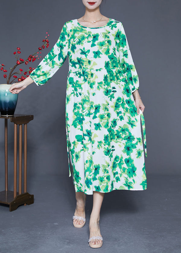 Elegant Green O-Neck Oversized Print Silk Vacation Dresses Bracelet Sleeve LY1821