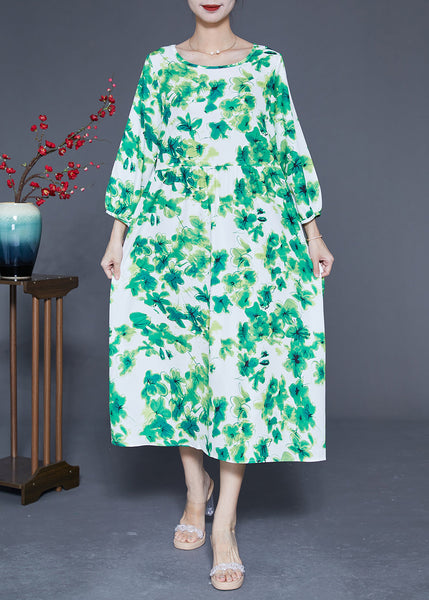 Elegant Green O-Neck Oversized Print Silk Vacation Dresses Bracelet Sleeve LY1821