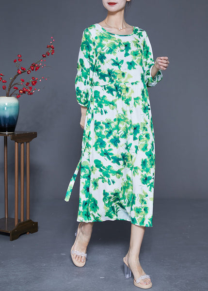 Elegant Green O-Neck Oversized Print Silk Vacation Dresses Bracelet Sleeve LY1821