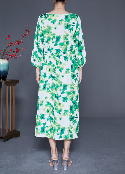 Elegant Green O-Neck Oversized Print Silk Vacation Dresses Bracelet Sleeve LY1821