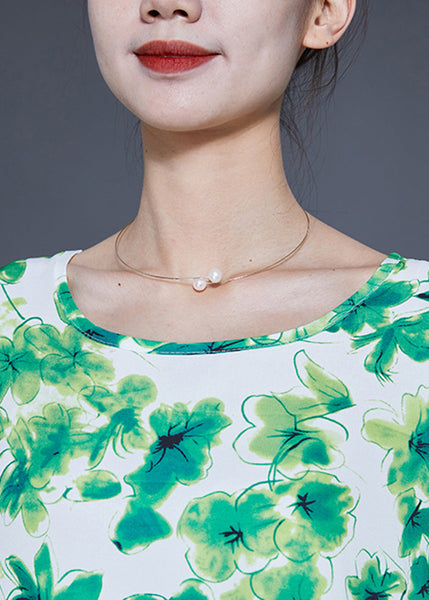 Elegant Green O-Neck Oversized Print Silk Vacation Dresses Bracelet Sleeve LY1821