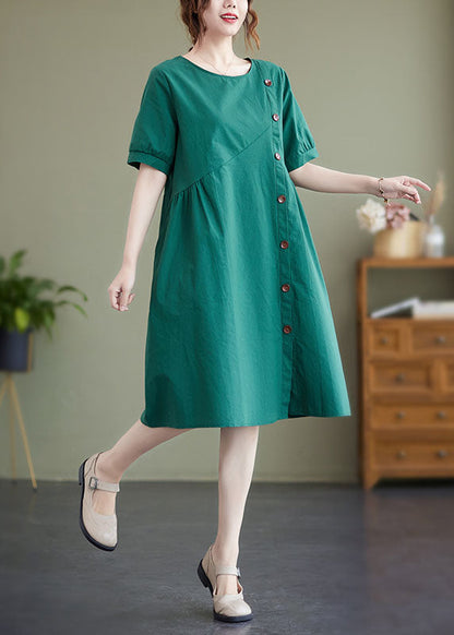 Elegant Green Patchwork Wrinkled Button Cotton Vacation Dresses  AC2024