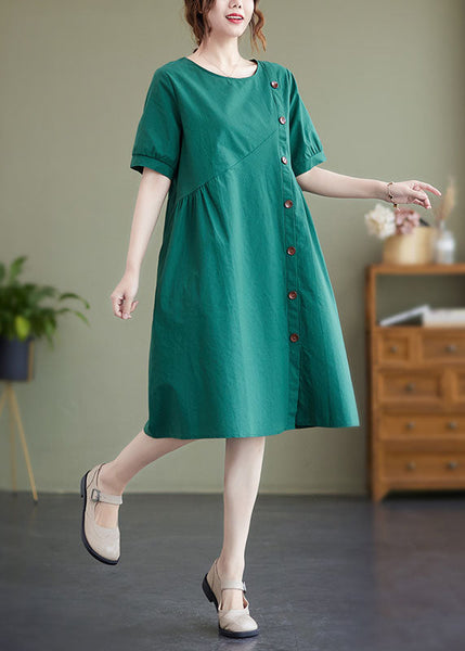 Elegant Green Patchwork Wrinkled Button Cotton Vacation Dresses  AC2024