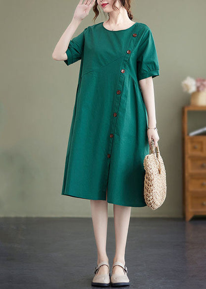 Elegant Green Patchwork Wrinkled Button Cotton Vacation Dresses  AC2024