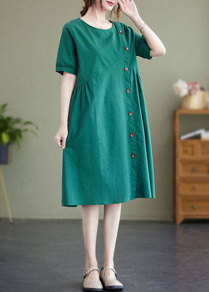 Elegant Green Patchwork Wrinkled Button Cotton Vacation Dresses  AC2024