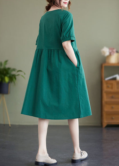 Elegant Green Patchwork Wrinkled Button Cotton Vacation Dresses  AC2024