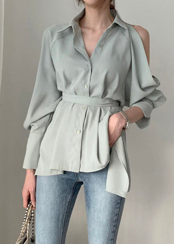 Elegant Green Peter Pan Collar Button Solid Shirt Spring LY0395