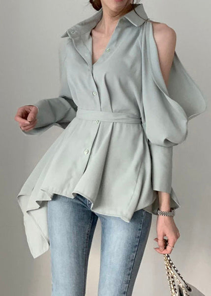 Elegant Green Peter Pan Collar Button Solid Shirt Spring LY0395