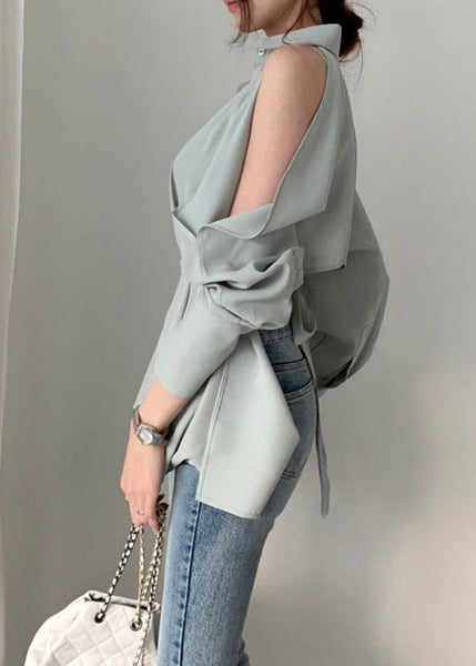 Elegant Green Peter Pan Collar Button Solid Shirt Spring LY0395